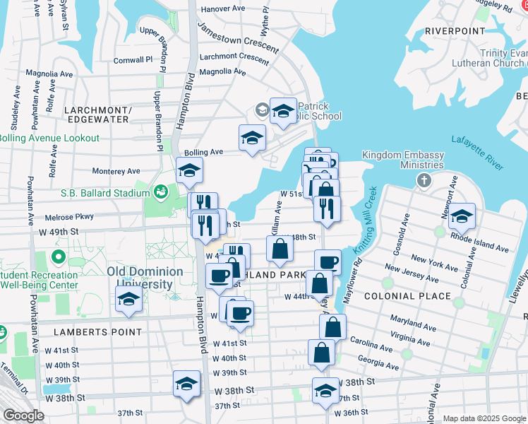 map of restaurants, bars, coffee shops, grocery stores, and more near 1015 West 50th Street in Norfolk