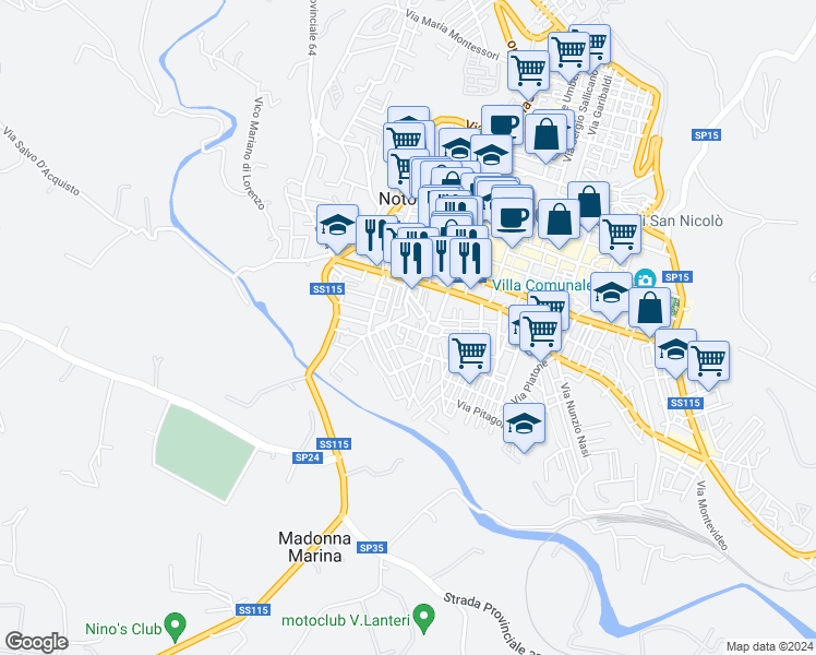 map of restaurants, bars, coffee shops, grocery stores, and more near 8 Via Giuseppe Verdi in Noto