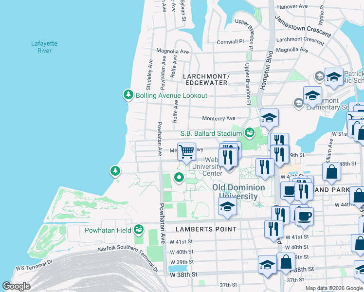 map of restaurants, bars, coffee shops, grocery stores, and more near 1519 Melrose Parkway in Norfolk