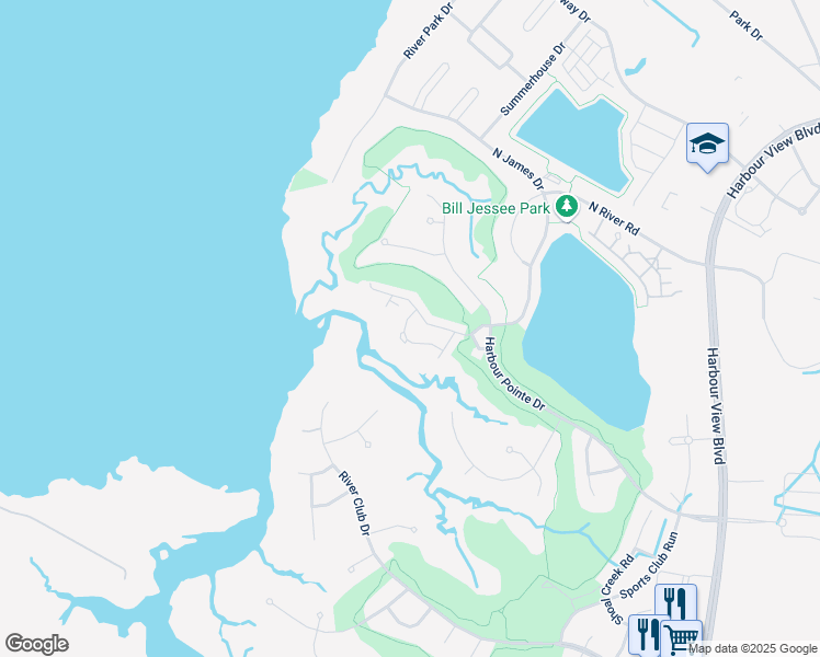 map of restaurants, bars, coffee shops, grocery stores, and more near 3045 Bay Shore Lane in Suffolk