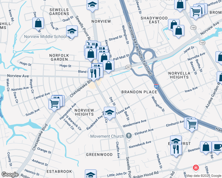 map of restaurants, bars, coffee shops, grocery stores, and more near 3625 Bell Street in Norfolk