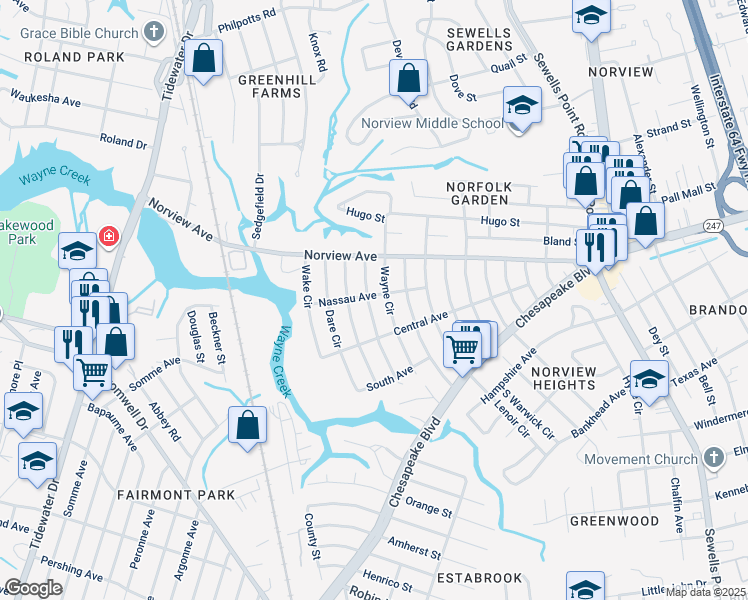 map of restaurants, bars, coffee shops, grocery stores, and more near 3840 Giles Circle in Norfolk