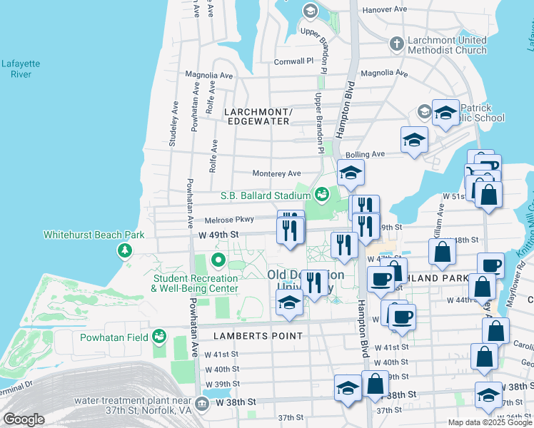 map of restaurants, bars, coffee shops, grocery stores, and more near 1400 Melrose Parkway in Norfolk