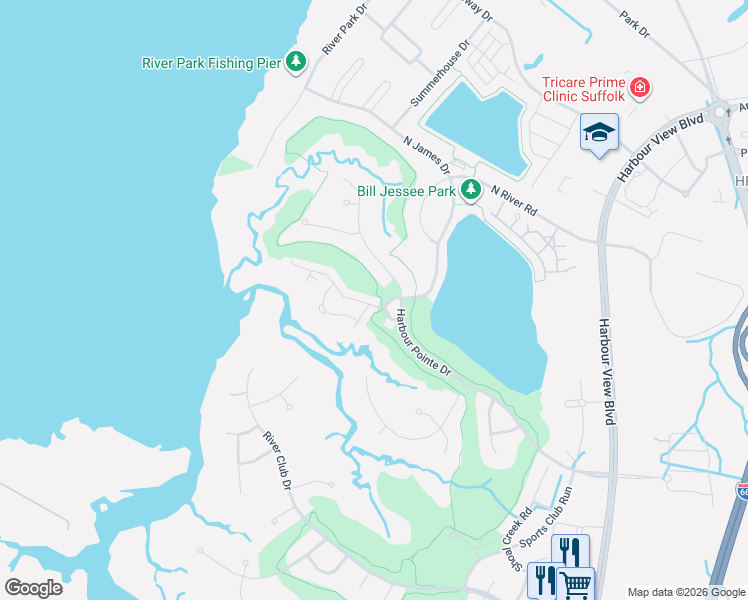 map of restaurants, bars, coffee shops, grocery stores, and more near 2006 Dock Landing Court in Suffolk