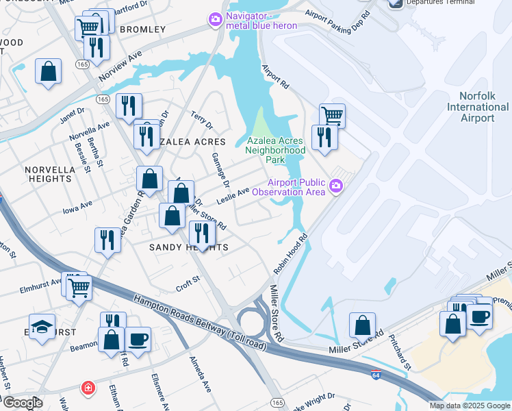 map of restaurants, bars, coffee shops, grocery stores, and more near 5815 Bradley Avenue in Norfolk