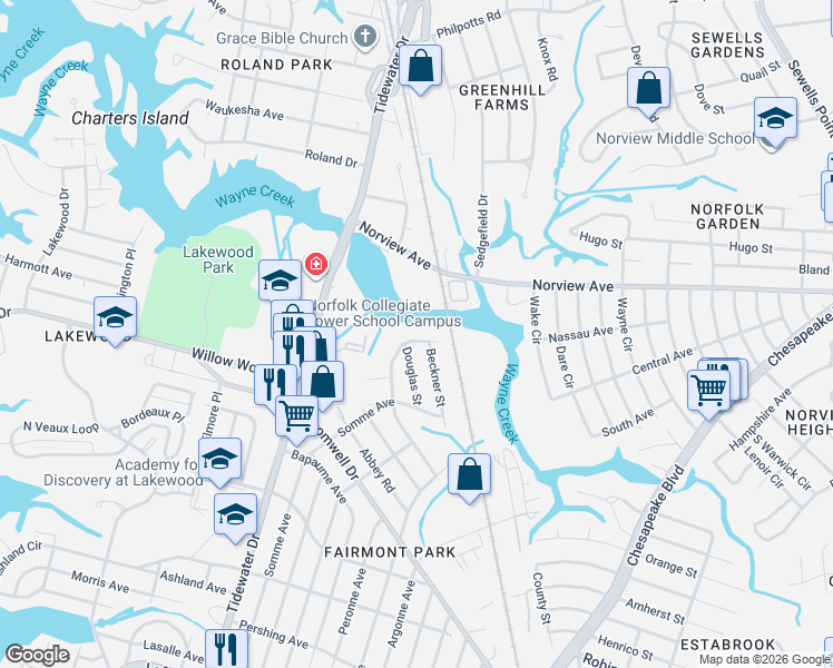 map of restaurants, bars, coffee shops, grocery stores, and more near 5440 Douglas Street in Norfolk