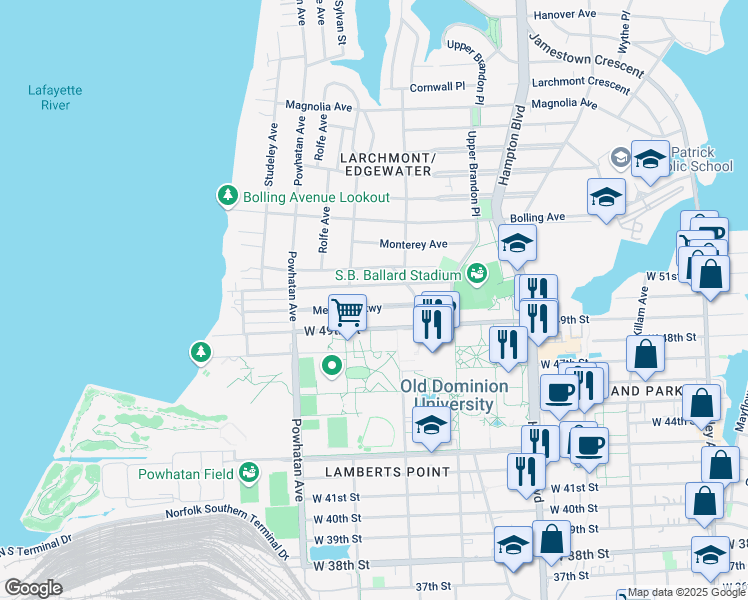 map of restaurants, bars, coffee shops, grocery stores, and more near 1433 Melrose Parkway in Norfolk