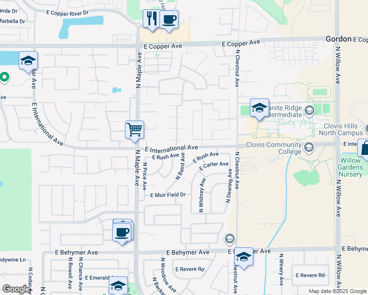 map of restaurants, bars, coffee shops, grocery stores, and more near East International Avenue in Fresno