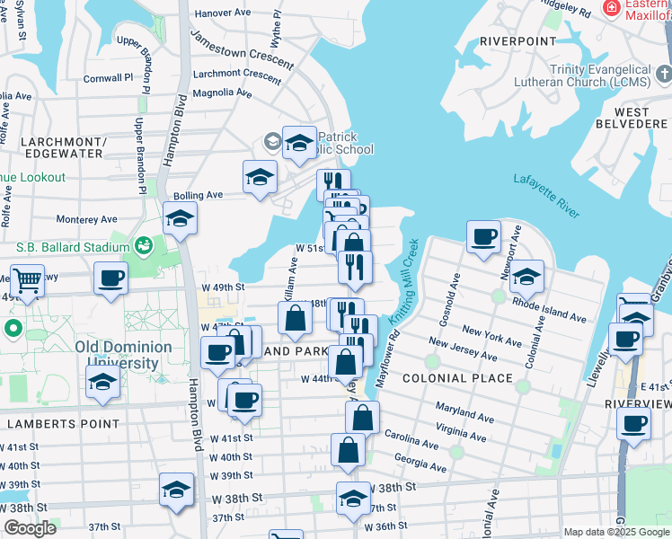 map of restaurants, bars, coffee shops, grocery stores, and more near 809 West 50th Street in Norfolk