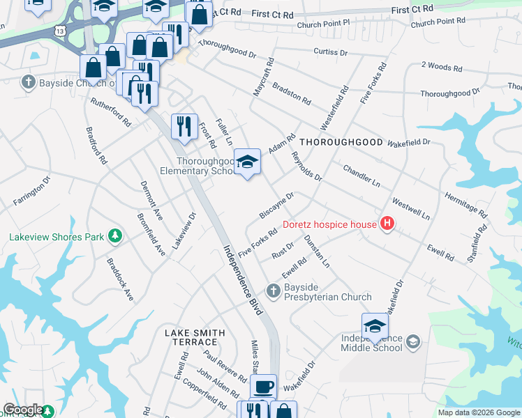 map of restaurants, bars, coffee shops, grocery stores, and more near 4541 Biscayne Drive in Virginia Beach