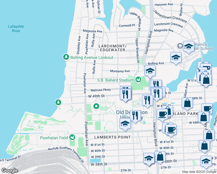 map of restaurants, bars, coffee shops, grocery stores, and more near 1433 Melrose Parkway in Norfolk