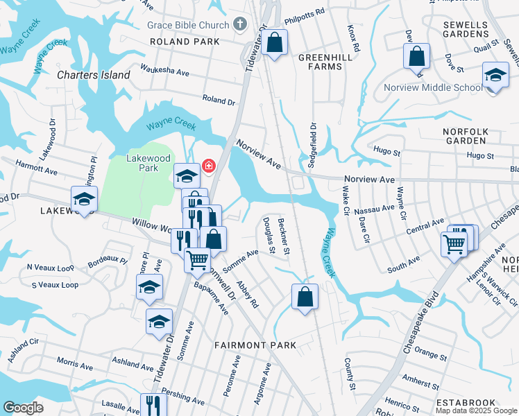 map of restaurants, bars, coffee shops, grocery stores, and more near 5433 Silbert Road in Norfolk