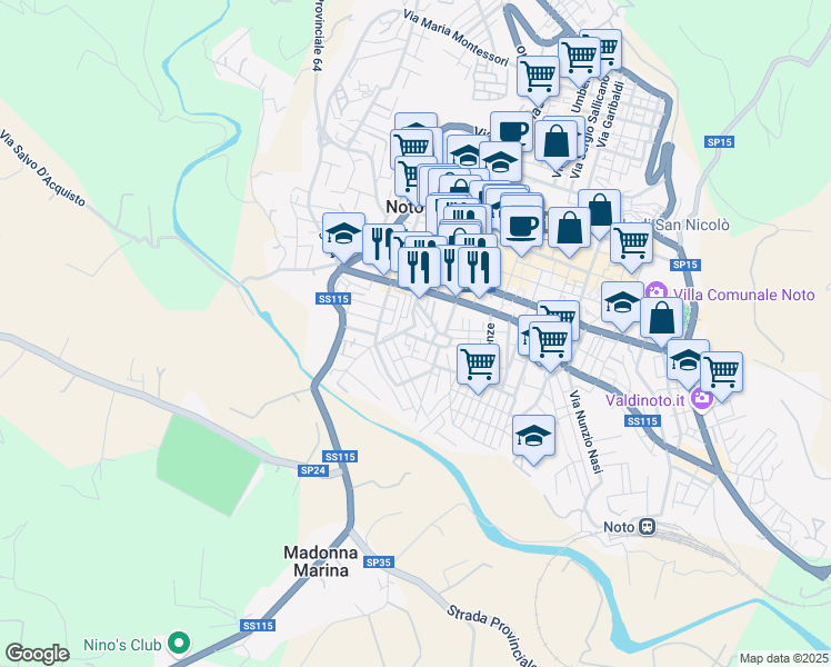 map of restaurants, bars, coffee shops, grocery stores, and more near 8 Via Giuseppe Verdi in Noto