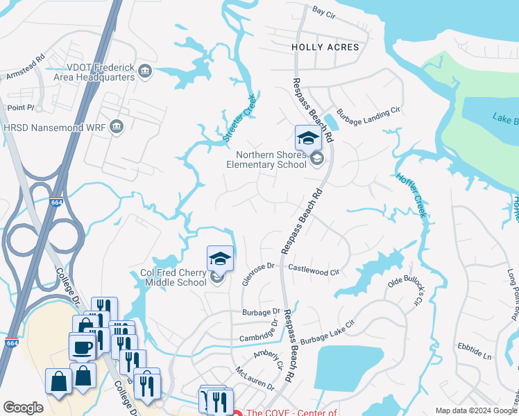 map of restaurants, bars, coffee shops, grocery stores, and more near 6405 Yorkshire Drive in Suffolk