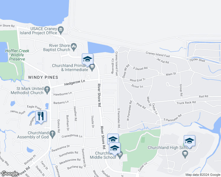 map of restaurants, bars, coffee shops, grocery stores, and more near 5624 Gregory Court in Portsmouth