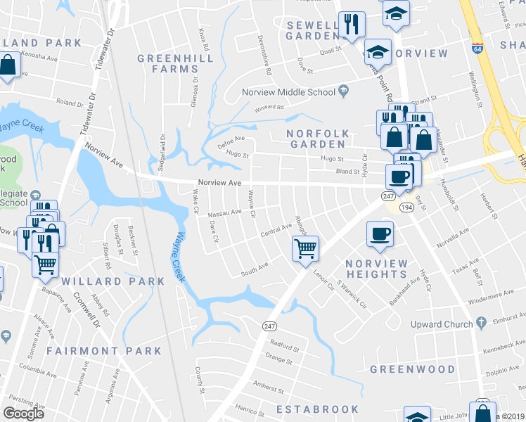 map of restaurants, bars, coffee shops, grocery stores, and more near 3829 Nansemond Circle in Norfolk