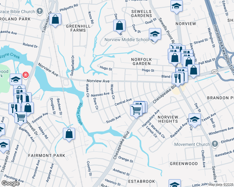 map of restaurants, bars, coffee shops, grocery stores, and more near 3829 Nansemond Circle in Norfolk