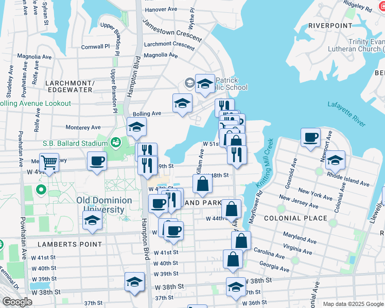 map of restaurants, bars, coffee shops, grocery stores, and more near 1023 West 49th Street in Norfolk
