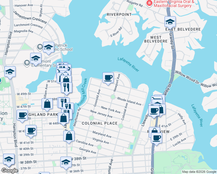 map of restaurants, bars, coffee shops, grocery stores, and more near 615 Massachusetts Avenue in Norfolk