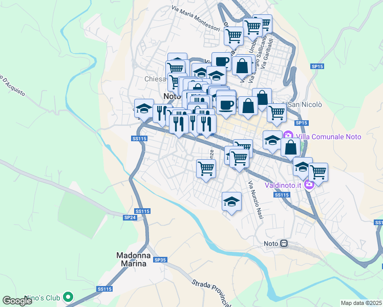 map of restaurants, bars, coffee shops, grocery stores, and more near Via Amerigo Vespucci in Noto