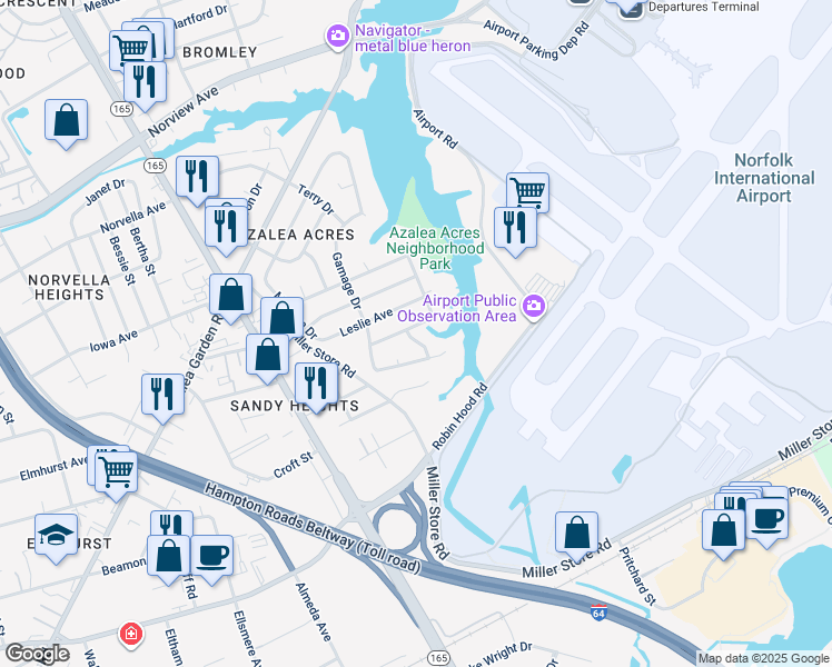 map of restaurants, bars, coffee shops, grocery stores, and more near 5821 Bradley Avenue in Norfolk