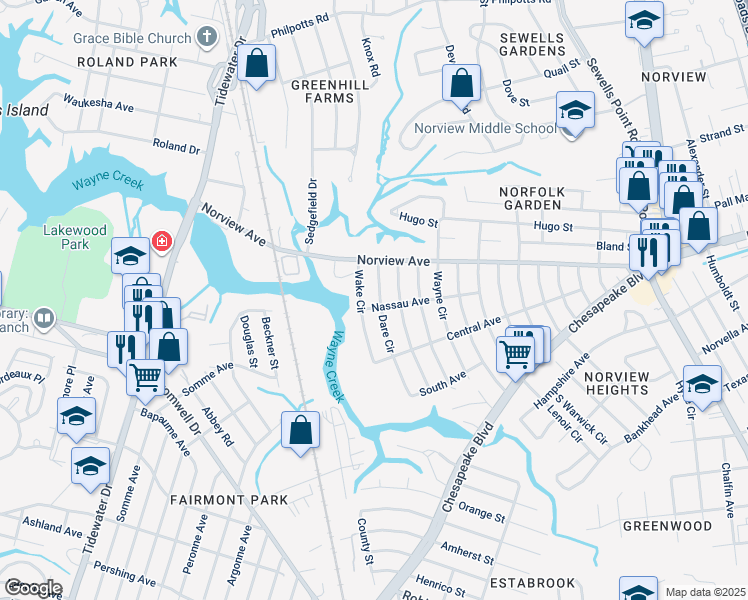 map of restaurants, bars, coffee shops, grocery stores, and more near 3855 Dare Circle in Norfolk