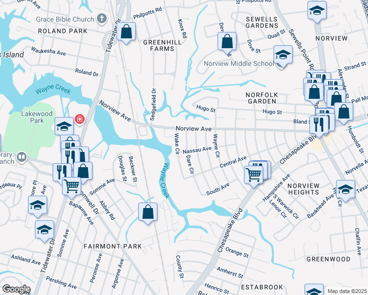 map of restaurants, bars, coffee shops, grocery stores, and more near 3855 Dare Circle in Norfolk