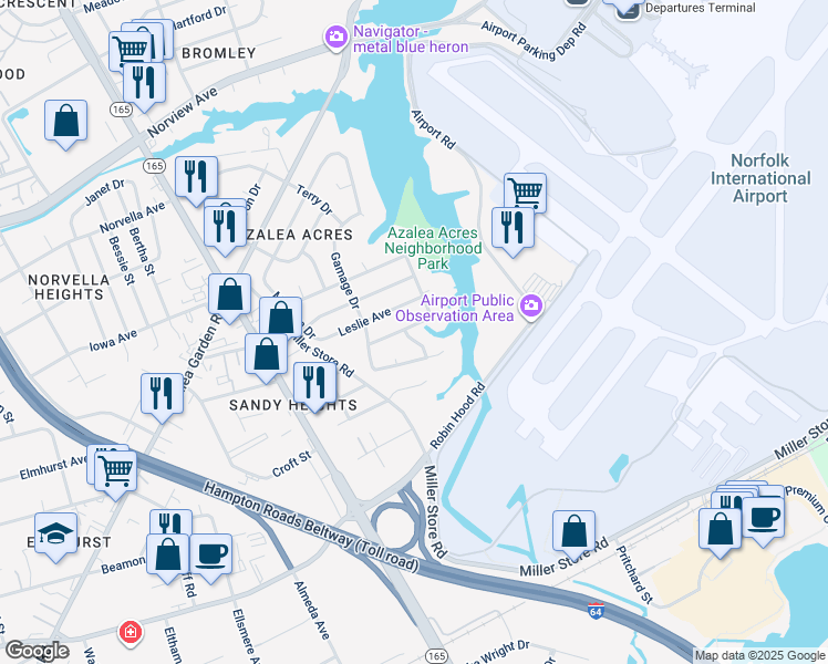 map of restaurants, bars, coffee shops, grocery stores, and more near 5821 Bradley Avenue in Norfolk