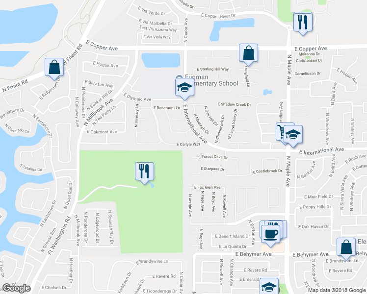 map of restaurants, bars, coffee shops, grocery stores, and more near 1405 East Carlyle Way in Fresno