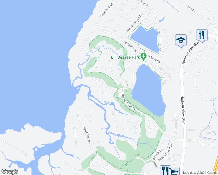 map of restaurants, bars, coffee shops, grocery stores, and more near 1023 Bay Breeze Drive in Suffolk