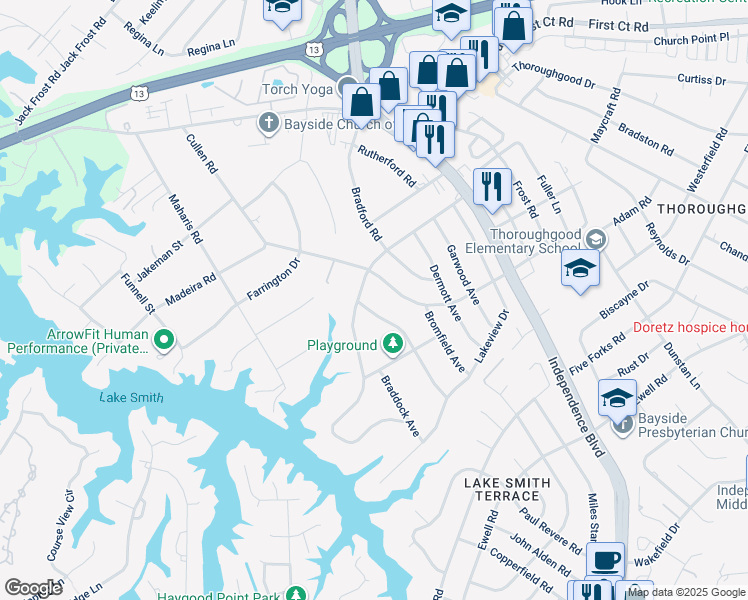 map of restaurants, bars, coffee shops, grocery stores, and more near 1384 Lakeside Road in Virginia Beach