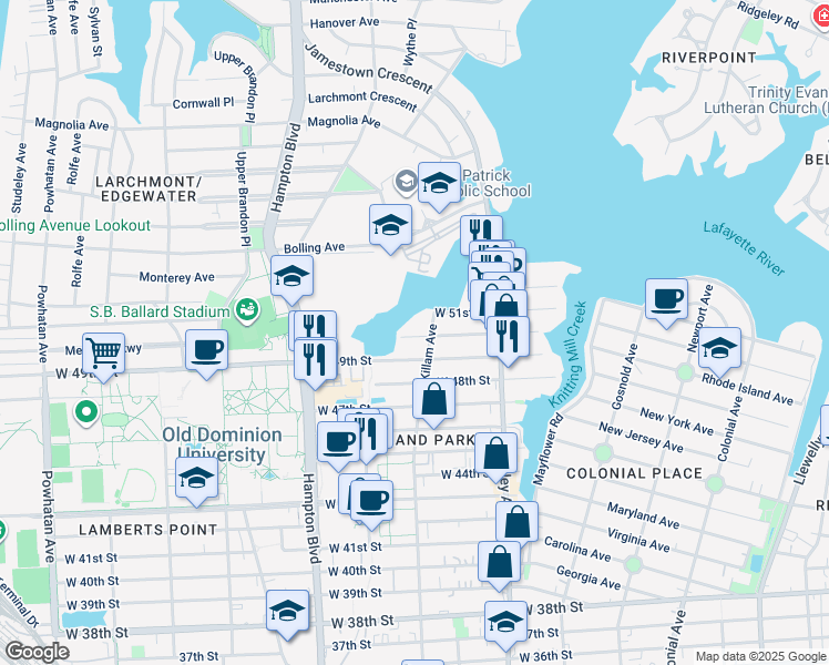 map of restaurants, bars, coffee shops, grocery stores, and more near 1012 West 50th Street in Norfolk
