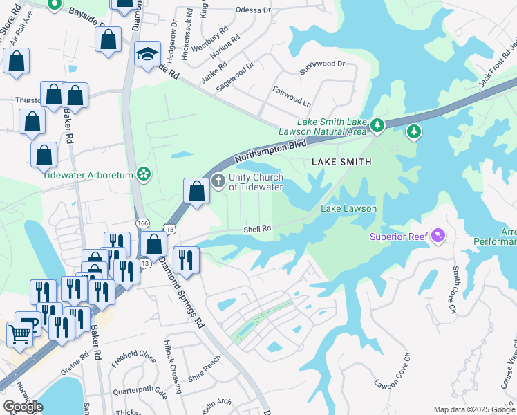 map of restaurants, bars, coffee shops, grocery stores, and more near 5556 Shell Road in Virginia Beach