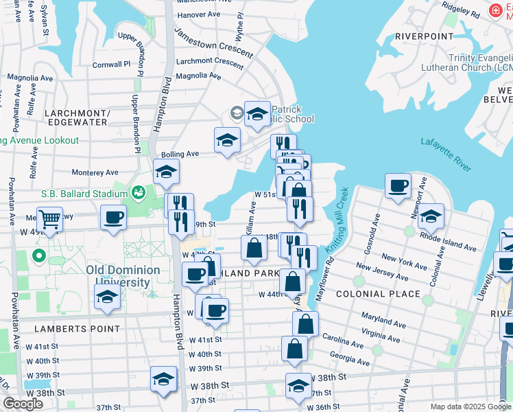map of restaurants, bars, coffee shops, grocery stores, and more near 4902 Killam Avenue in Norfolk