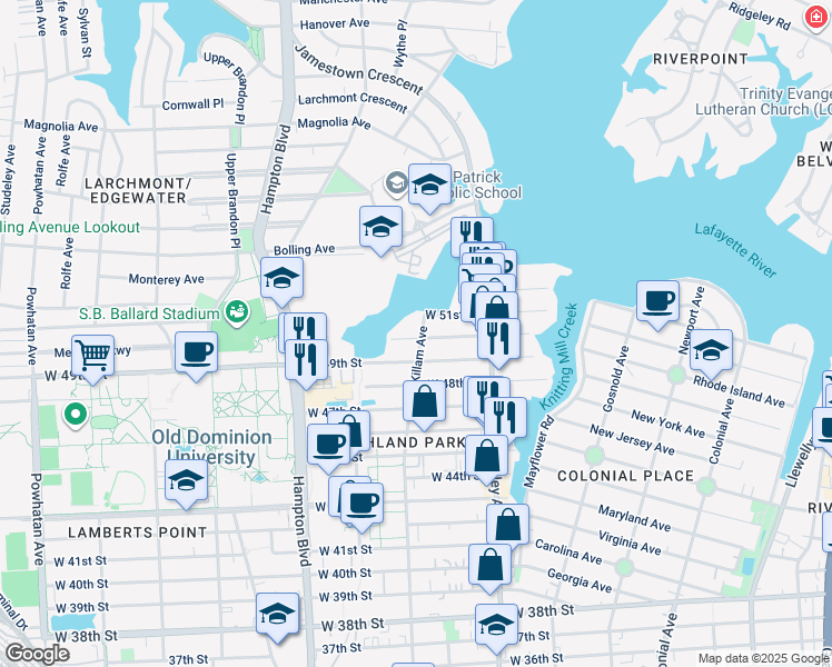 map of restaurants, bars, coffee shops, grocery stores, and more near 4902 Killam Avenue in Norfolk
