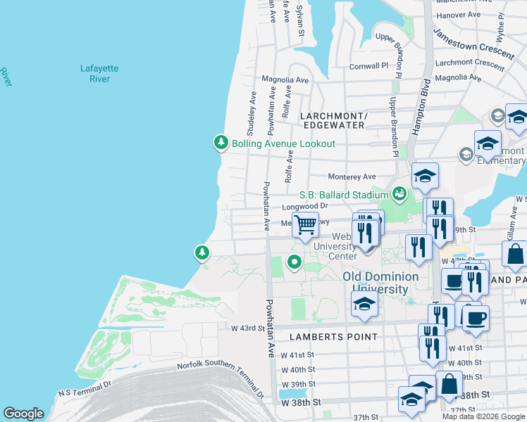map of restaurants, bars, coffee shops, grocery stores, and more near 4912 Powhatan Avenue in Norfolk