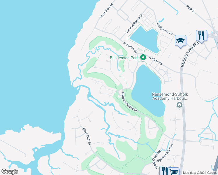 map of restaurants, bars, coffee shops, grocery stores, and more near 1023 Bay Breeze Drive in Suffolk