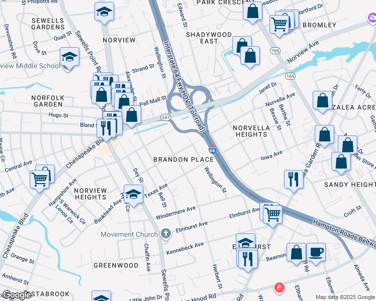 map of restaurants, bars, coffee shops, grocery stores, and more near 5127 Norvella Avenue in Norfolk
