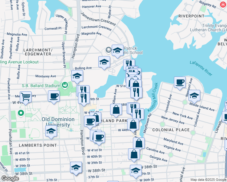map of restaurants, bars, coffee shops, grocery stores, and more near 5001 Killam Avenue in Norfolk