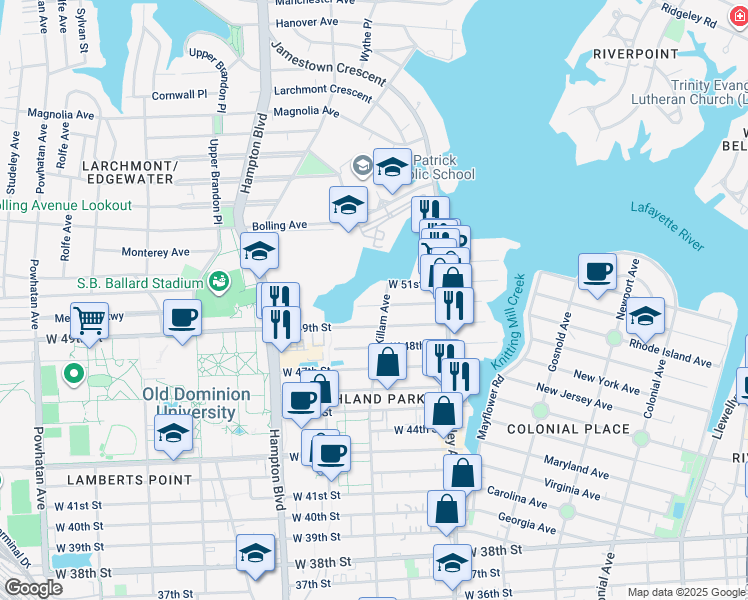 map of restaurants, bars, coffee shops, grocery stores, and more near 5003 Killam Avenue in Norfolk