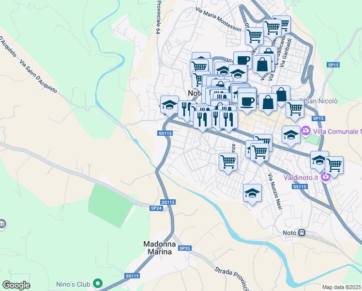 map of restaurants, bars, coffee shops, grocery stores, and more near 15 Via Gioacchino Rossini in Noto