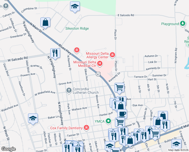 map of restaurants, bars, coffee shops, grocery stores, and more near 910 Moore Avenue in Sikeston