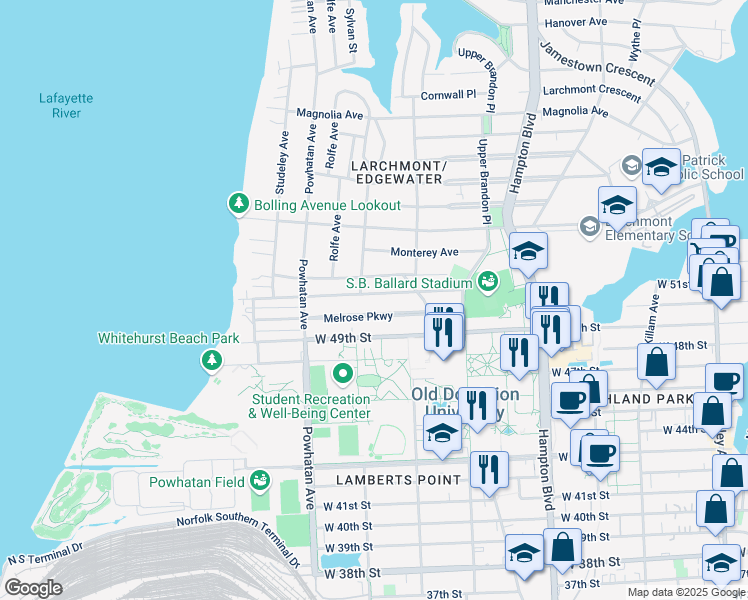 map of restaurants, bars, coffee shops, grocery stores, and more near 1441 Longwood Drive in Norfolk