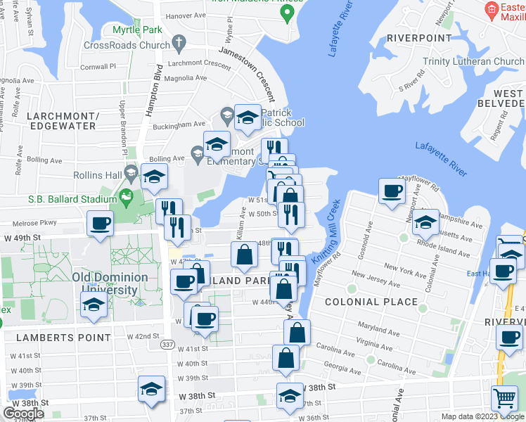 map of restaurants, bars, coffee shops, grocery stores, and more near 824 West 50th Street in Norfolk
