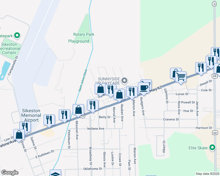 map of restaurants, bars, coffee shops, grocery stores, and more near 214 Kinder Avenue in Sikeston