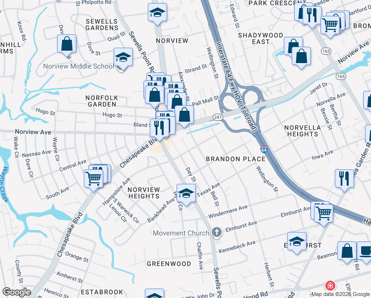 map of restaurants, bars, coffee shops, grocery stores, and more near 3663 Humboldt Street in Norfolk