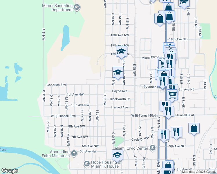 map of restaurants, bars, coffee shops, grocery stores, and more near 1229 G Street Northwest in Miami
