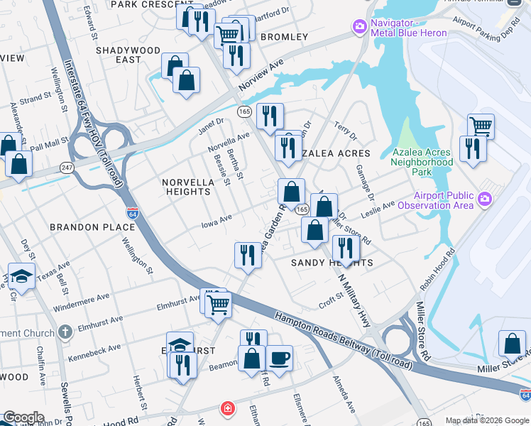 map of restaurants, bars, coffee shops, grocery stores, and more near 5546 Iowa Avenue in Norfolk