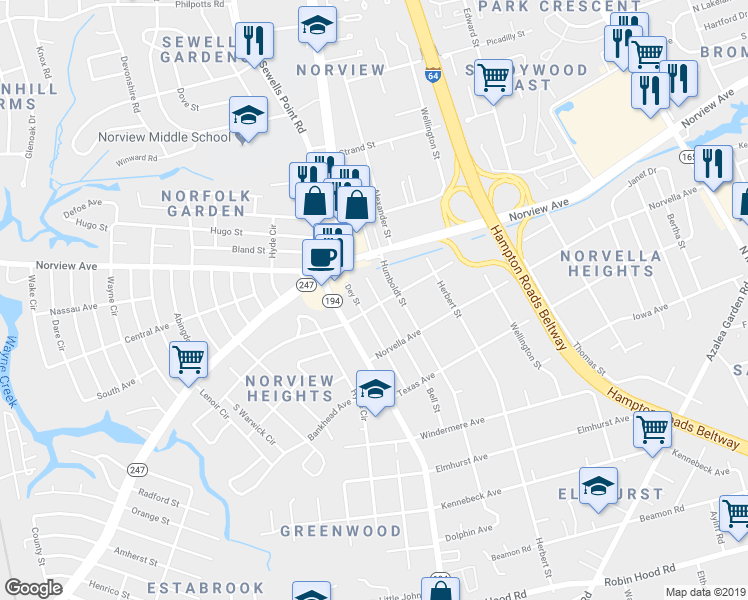 map of restaurants, bars, coffee shops, grocery stores, and more near 3663 Humboldt Street in Norfolk