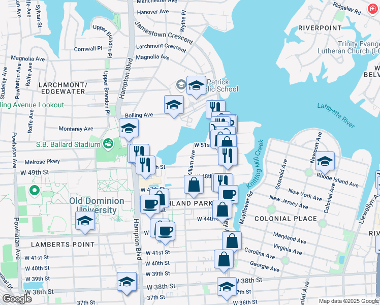 map of restaurants, bars, coffee shops, grocery stores, and more near 5014 Killam Avenue in Norfolk
